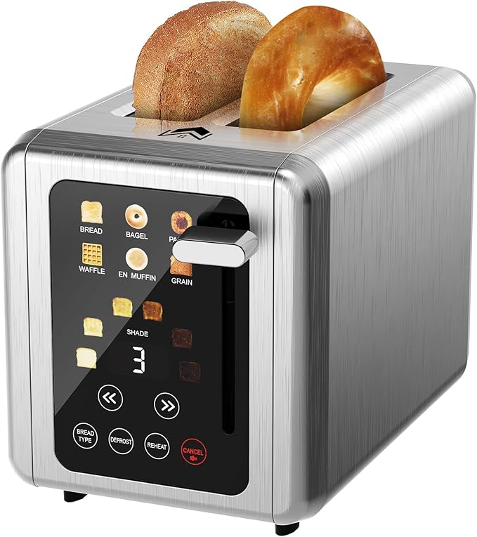 Touch screen Toaster 2 slice,Stainless Steel Digital Timer Toasters with Sound Function,6 Bread Types & 6 Shade Settings,Smart Extra Wide Slots Toaster with Bagel,Defrost Functions,Platinum