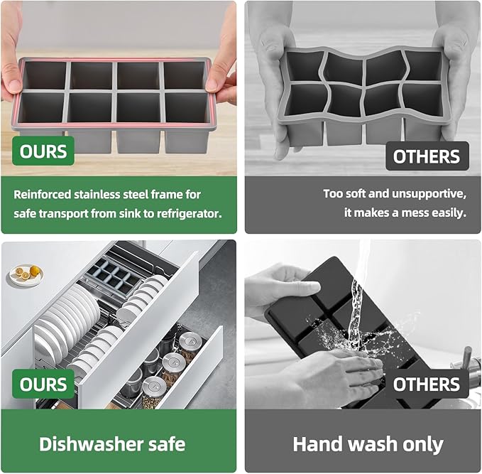 Ice Cube Tray for Freezer,2 Pack Large Ice Cube Molds for Whiskey,2Inch Square Ice Cube Tray,Easy-Release Ice Mold,16 Giant Ice Cubes for Bourbon Cocktail(Grey)