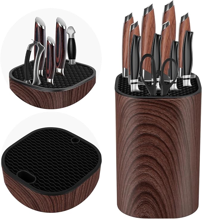 Ninonly Knife Block Without Knives 3 in 1 Universal Square Knife Holder Without Knives with Scissors Slot and Sharpening Rod Detachable Kitchen Knife Holder for Easy Cleaning Space Saver Brown