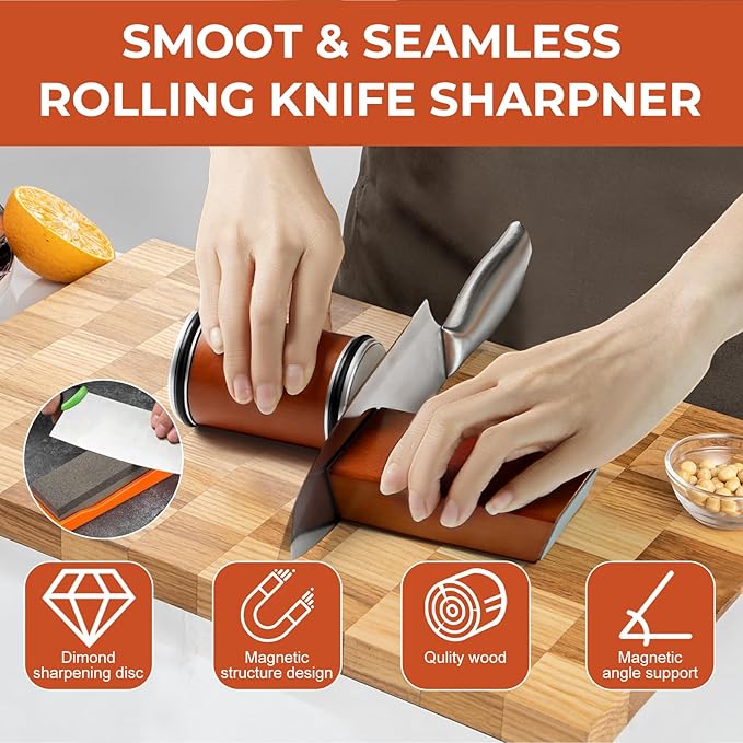 rolling knife sharpener, durable diamond grinding head, replacement grinding head, 15 degree and 20 degree sharpening bevel suitable for various kitchen knives