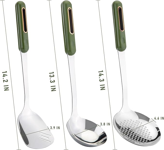 FJNATINH Wok Spatula and Ladle Skimmer Spoon - Stainless Steel Cooking Utensils Set of 3,Kitchen Wok Utensils Set,Green Handle