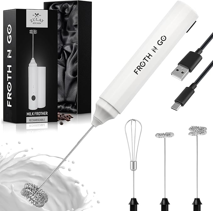 Zulay Kitchen FrothMate Powerful Milk Frother Portable & Compact Handheld Foam Maker Lattes, Cappuccinos (Blizzard White, Froth N Go)