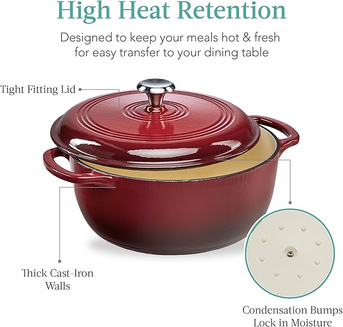 Best Choice Products 6 Quart Enamel Cast-Iron Round Dutch Oven, Family Style Heavy-Duty Pre-Seasoned Cookware for Home, Kitchen, Dining Room, Oven Safe w/Lid, Dual Handles - Red