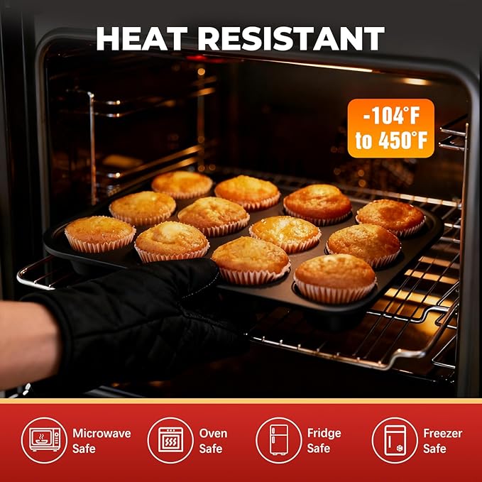Silicone Muffin Pan for Baking: 12 Cup Muffin Pan with Metal Reinforced Frame, Regular Size Cupcake Egg Bites Molds for Baking, BPA Free Silicone Muffin Tray, Dishwasher Safe (1 Pack, Black)