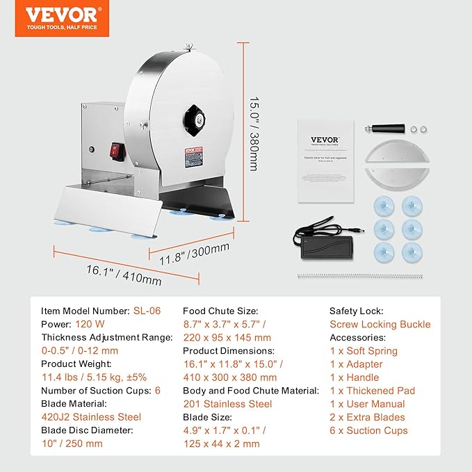 VEVOR Electric Vegetable Slicer, 0-0.5"/0-12mm Thickness Adjustable Commercial Slicer Machine, Convertible to Manual, Stainless Steel Food Cutter Slicing Machine, for Potato, Lemon, Tomato, Apple
