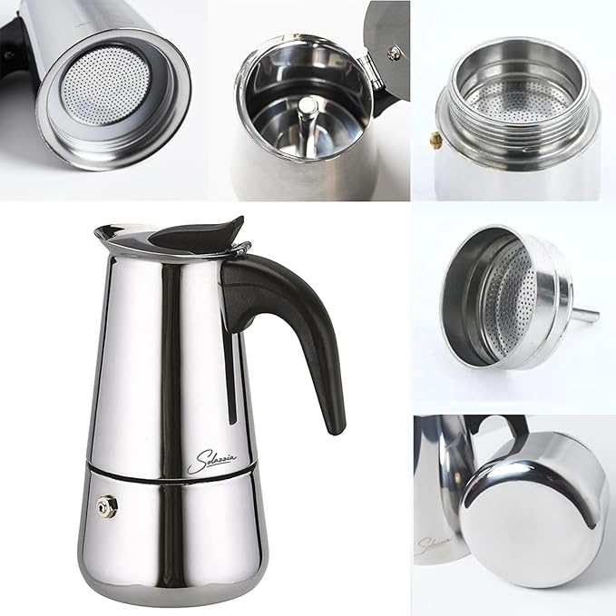 Coffee Maker 4 Cup Moka Pot Stainless Steel Percolator coffee pot Espresso Maker, Compatible with Gas, Electric, Ceramic, and Induction stovetops(6.6 fl oz/200 ml)