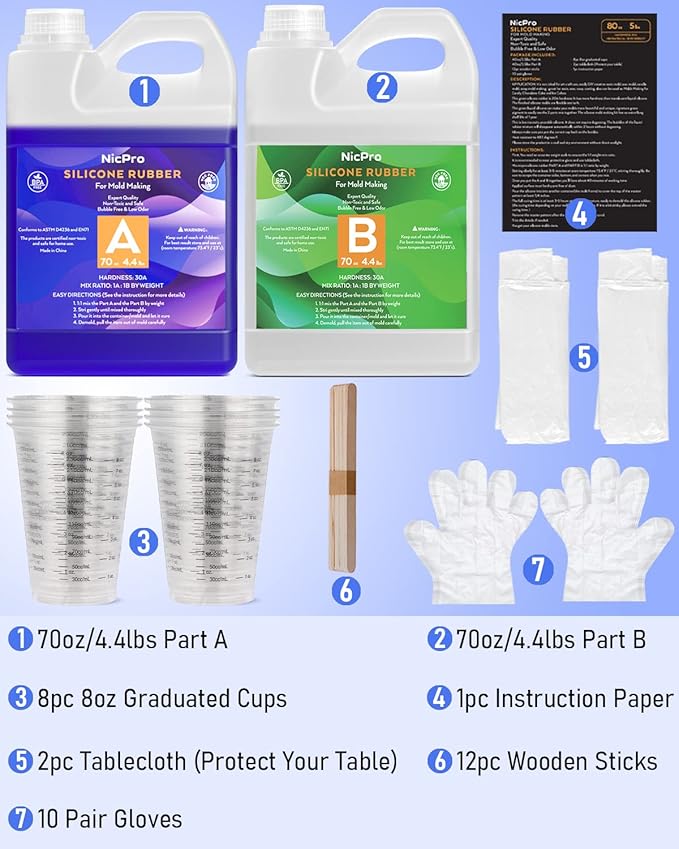 Nicpro 140oz Silicone Mold Making Kit, 30A Platinum Liquid Silicone Rubber, Flexible Silicone Molds Maker Mix Ratio 1:1 for Casting 3D Resins Molds DIY with Gloves, Sticks, Mixing Cups