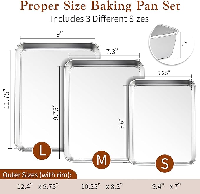 TeamFar Baking Pans Set of 3, Stainless Steel Deep Cookie Cake Pan for Home Baking, 12.5/10.5/9.4” Rectangle Bakeware Set for Bread/Casserole/Lasagna, Healthy & Sturdy, Dishwasher Safe