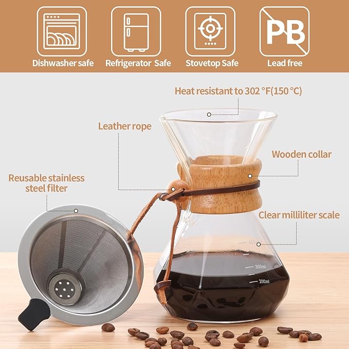 Pour Over Coffee Maker 14 OZ, 4 Cup Borosilicate Glass Drip Coffee Maker with Reusable Stainless Steel Filter and Cork Grip for Home Café 400 ML (Diamond Shape)