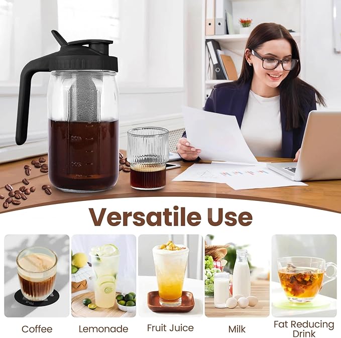 Cold Brew Coffee Maker,32 Oz Mason Jar Pitcher with Stainless Steel Filter, Pour Spout Handle Lid, Heavy Duty Glass Airtight & Leak-Proof Pitcher for iced coffee Tea Breastmilk Lemonade-Black