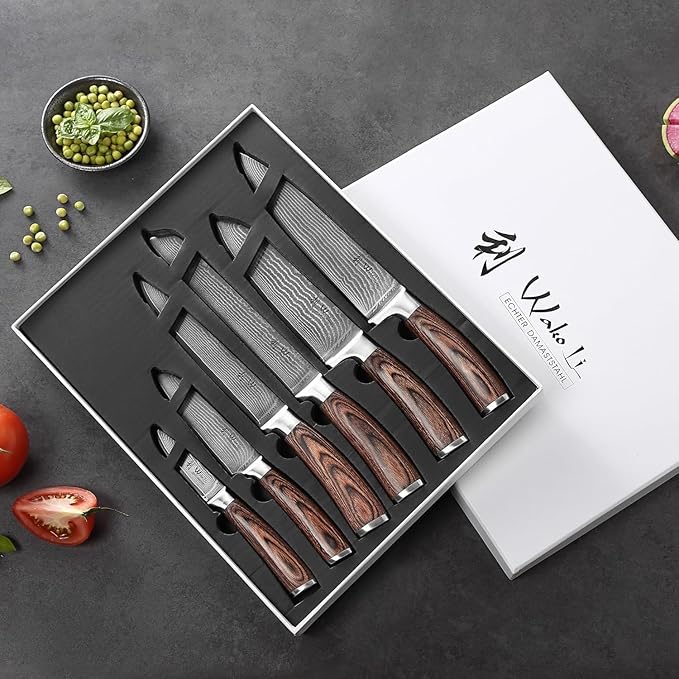 Wakoli EDIB 6-Piece Damascus Knife Set – Complete Kitchen Knives Collection | Genuine Damascus Steel Blades with VG10 Core | Ergonomic Pakkawood Handles | Professional Knife Gift Set