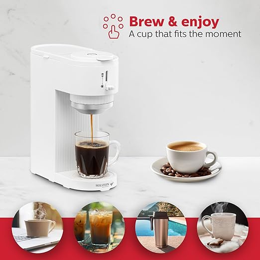 Holstein Housewares 2-in-1 Single Serve Coffee Maker, Dual Brew, Compatible with K-Cup Pods & Ground Coffee, Reusable Filter Included, Compact Drip Coffee Machine, 14oz Tank, Fits Most Cups - White