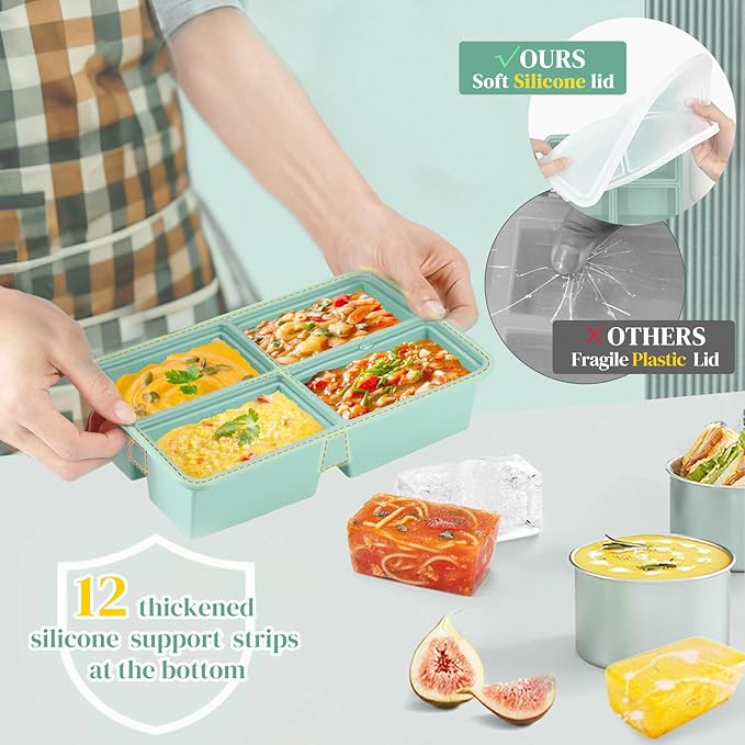 2 PACK 1 Cup Silicone Freezer Trays With Lid For Freeze & Store Soup, Broth, Leftovers, Microwave-safe Soup Freezer Container - Green