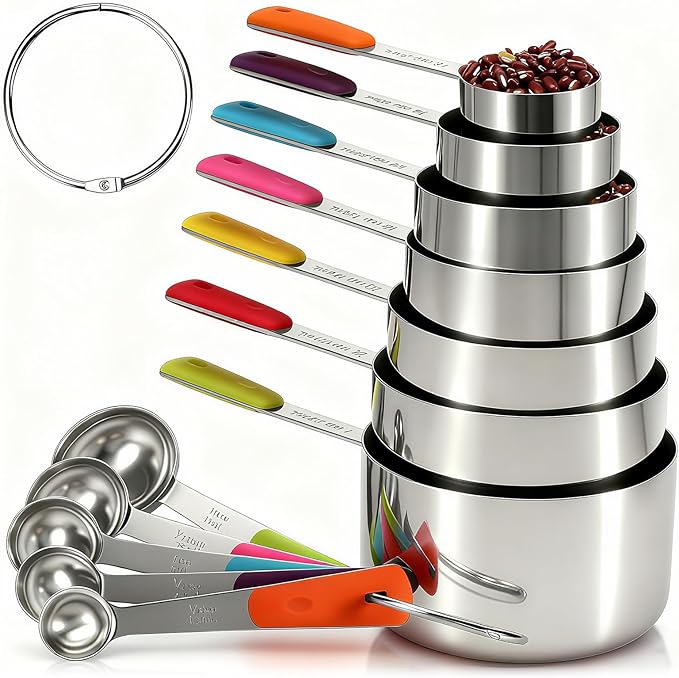 Measuring Cups and Spoons Set, Stainless Steel 12 Piece for Cooking and Baking (7 Cups + 5 Spoons, Colorful Handles)
