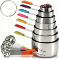 Measuring Cups and Spoons Set, Stainless Steel 12 Piece for Cooking and Baking (7 Cups + 5 Spoons, Colorful Handles)