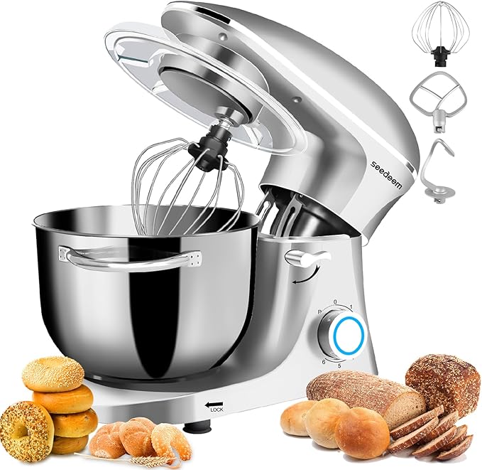 Seedeem 6.5QT Stand Mixer, 660W Tilt-Head Kitchen Electric Mixer with 6 Speeds, Dough Hook, Beater & Whisk, Dishwasher Safe Attachments, Silver