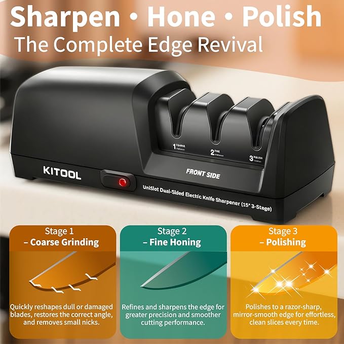 Electric Knife Sharpener, 3-Stage with 100% Diamond Abrasives, Dual-Sided Fast Sharpening, Low Noise & Auto Temperature Control, for Kitchen Straight, Serrated & Ceramic Knives