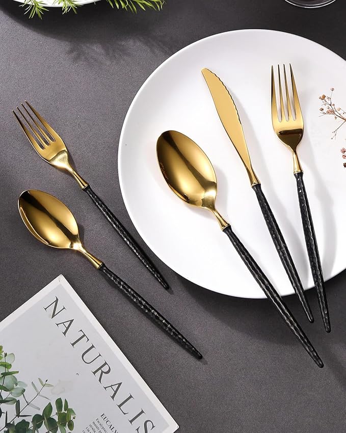 Lemeya 20-Piece Hammered Black Gold Silverware Set,18/10 Stainless Steel Forging Heavy Duty Cutlery Set for 4, Luxury Unique Flatware Set,Spoons and Forks Set,Mirror Polished,Dishwasher Safe