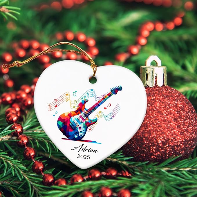 Electric Guitar Xmas Tree Ceramic Ornament 2025, Personalized Electric Guitar Lovers Ornaments Keepsake, Guitarist Ceramic Ornament Christmas, Custom Name & Year Musical Instrument Player Ornaments