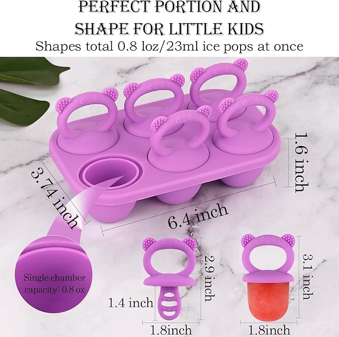 Sakolla Baby Popsicle Molds Mini 6-Cavity Silicone Ice Pop Mold with Sticks Breastmilk Popsicle Molds for Teething Relief Toddler Popsicle Mold for Ice Cream Frozen Yogurt and Fruit Juice (Purple)