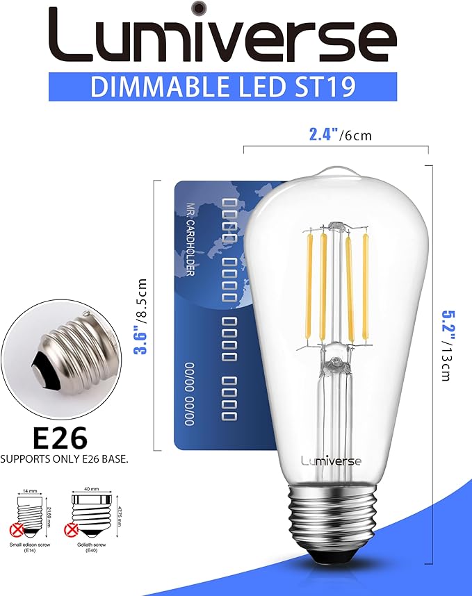Lumiverse 36 Pack E26 led Bulb 60 watt dimmable Vintage LED Edison Bulbs 5.5W, 60W Equivalent,4000K Cool White, Antique Style ST19/ST58 LED Light Filament Bulbs, CRI 90+, E26 Base
