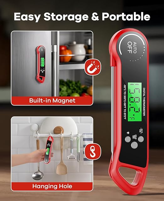 Meat Thermometer Digital, Instant Read Thermometer with Backlight, Calibration & Hold Function, Waterproof Food Thermometer for Kitchen and Outside, BBQ, Turkey, Candy, Liquids, Beef (red)