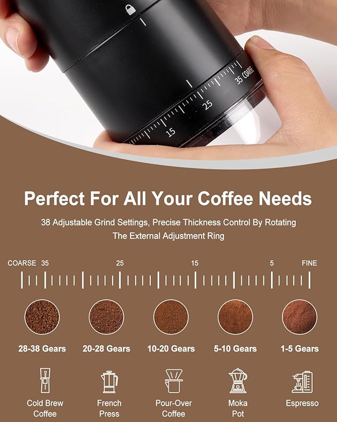 Lamido Portable Electric Coffee Grinder with Ceramic Conical Burr - 38 Adjustable Grind Settings -1500 mAh Battery Rechargeable - Auto-Stop - Washable for Espresso, Pour Over - Travel, Camping (Black)