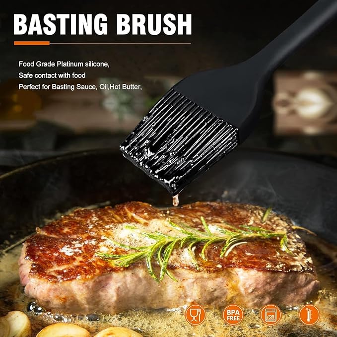 Walfos Basting Brush Silicone and BBQ Mop, Grill Basting Mop with 3 Heads and 2Pcs Pastry Brushes, Wooden Long Handle, Heat Resistant for Grilling, Smoking Steak, Kitchen Cooking (18"）