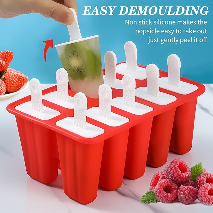 Popsicle Molds,Silicone Ice Pop Molds,BPA Free Popsicle Mold Reusable Easy Release Ice Pop Maker,Homemade Popsicle Mould with Silicone Funnel and Cleaning Brush (Red, 10 Cavities)