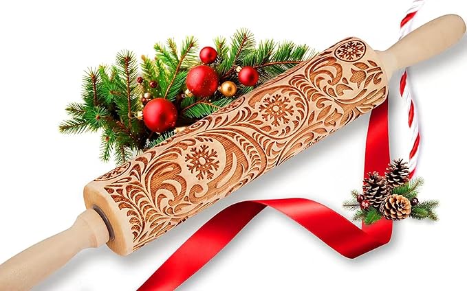 Christmas Gifts Wooden Embossed Rolling Pin for Baking, Stocking Stuffers Gifts for Women, Deep Engraved Embossing Rolling Pins with Snow Pattern Designs for Baking Cookies Stamps Roller DIY Tools