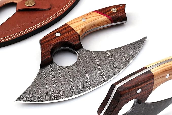 Bushcraft Custom Handmade Damascus Steel Ulu Knife - Alaskan Ulu Knife With Sheath - Multi-Purpose Alloy Steel Knife For Skinning, Hunting, Chopping, (Rose Wood & Olive)