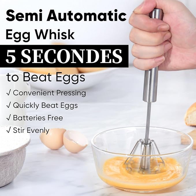 Newness Whizzy Whisk, Stainless Steel Semi Automatic Whisk Blender for Home -Versatile Tool for Egg Beater, Milk Frother, Hand Push Wisk - Kitchen Utensil for Blending, Whisking, Beating & Stirring