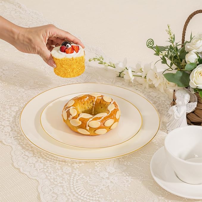 PULOTE 60 PCS Ivory Plastic Plates - Cream Plastic Disposable Include 30 Dinner and 30 Dessert Plates with Gold Rim - Ideal for Party & Wedding