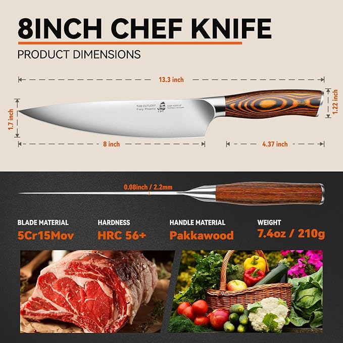 TUO Chef Knife, 8 inch Sharp Kitchen Knife with Pakkawood Handle, High Carbon Steel, Professional for Chopping & Dicing, Gift Box - Fiery Phoenix Series