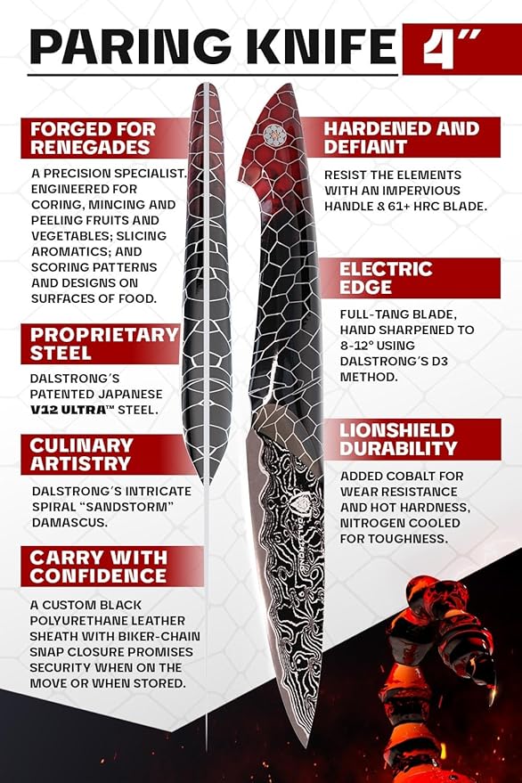 Dalstrong Paring Knife - 4”- Scorpion Series - Exclusive Japanese V12 Ultra™ Steel - Black Damascus - Black & Red Honeycomb Resin Handle -Paring Knife with Cover