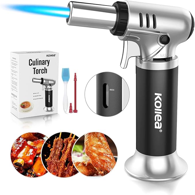 Kollea Butane Torch Lighter, Mini Kitchen Cooking Torch Lighter with Fuel Gauge & Continuous Flame Lock & Nozzle, Culinary Blow Creme Brulee Torch for Baking Food Desserts (Butane Gas Not Included)