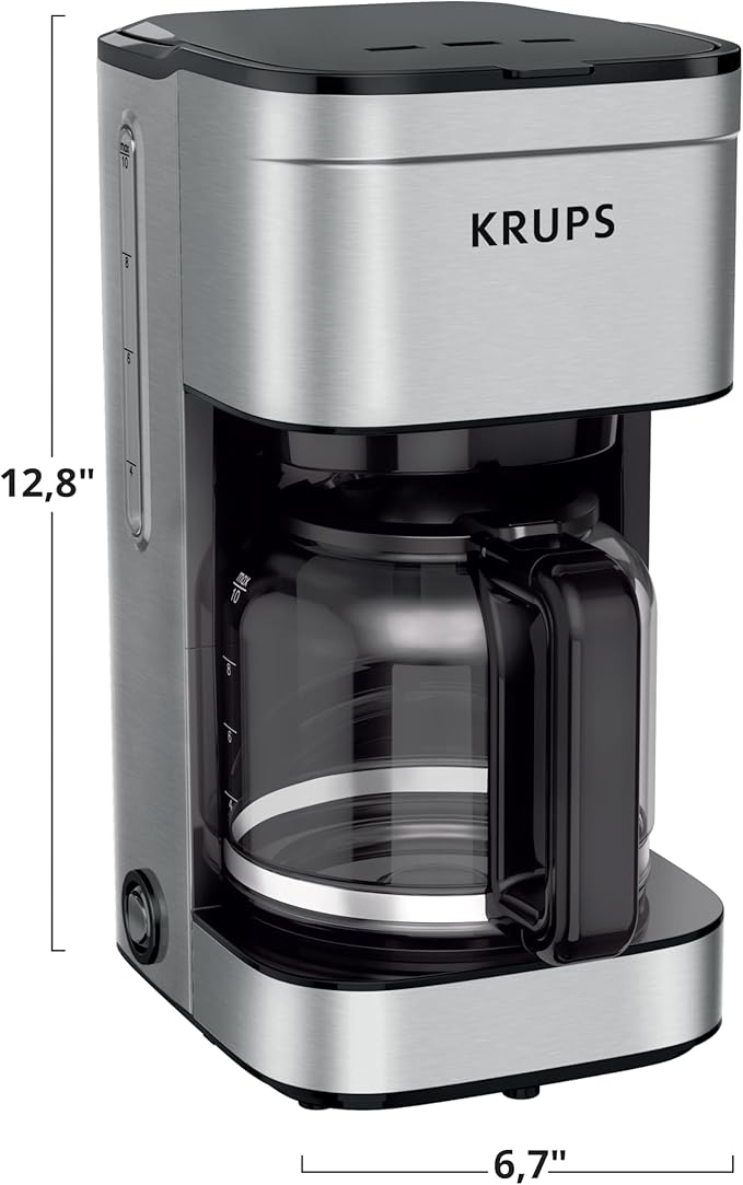 KRUPS Coffee Maker 10 Cups Simply Brew Stainless Steel Drip Coffee Maker, 900 Watts Coffee Filter, Drip Free, Dishwasher Safe Pot , Black & Silver
