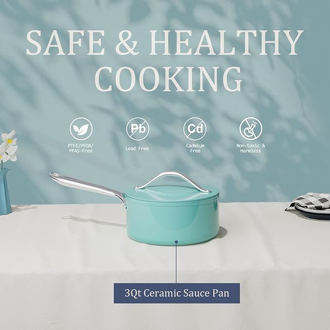 3.5QT Nonstick Ceramic Sauce Pan with Lid, Quick & Even Heat Distribution PFAS-Free Non Toxic Cooking Pot for Rice/Soup/Sauces, All Stovetops Compatible, Oven Safe 500°F, Caribbean Blue