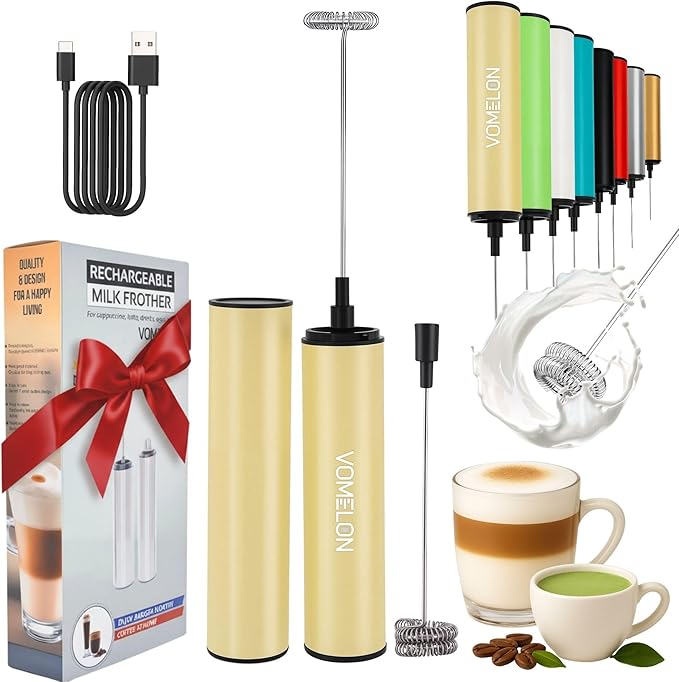 Rechargeable Milk Frother, Electric Coffee Foamer, Handheld Drink Mixer for Latte, Cappuccino, Coffee, Eggs, Hot Chocolate, Protein,Beige
