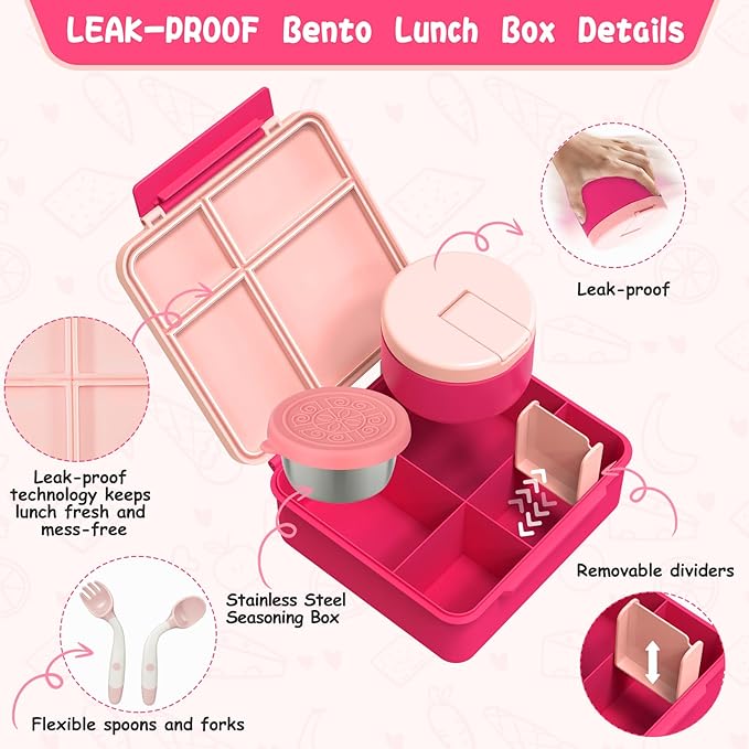 Kids Bento Lunch Box with 8oz Soup Thermo, Kids Leakproof Lunch Food Containers with 4 Compartment,Insulated Hot Food Jar with Lunch Bag for School, Travel (Pink)