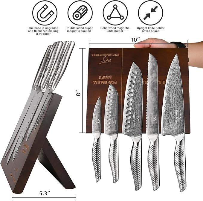 NANFANG BROTHERS® Kitchen Knife Set with Magnetic Knife Holder, 6-Piece Damascus Steel Knives & Acacia Wood magnetic Block - Includes Chef, santoku, Bread, Small Santoku, Fruit Knives