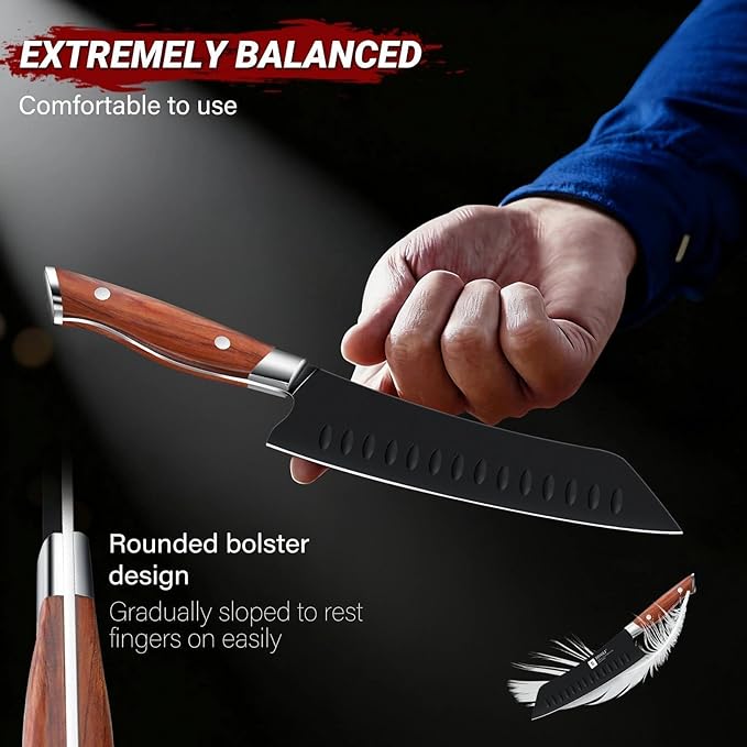 TIVOLI Santoku Knife, 7 Inch Professional Chef Knife, High Carbon Steel Ultra Sharp Deep Cooking Knife with Full Tang Ergonomic Wood Handle, Gift for Men Women Christmas