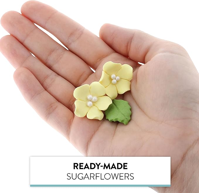 Global Sugar Art Blossoms and Leaves Edible Sugar Cake & Cupcake Flowers, Yellow, Small Unwired, 24 Count with Leaves by Chef Alan Tetreault