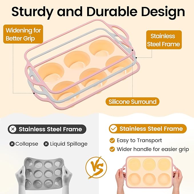 Silicone Jumbo Muffin Pan with Metal Frame, Non Stick Food Grade Silicone Large Muffin Pan, with Handles 6 Cup,BPA-Free and Dishwasher Safe, Jumbo Cupcake Pans - 2 Piece Yellow