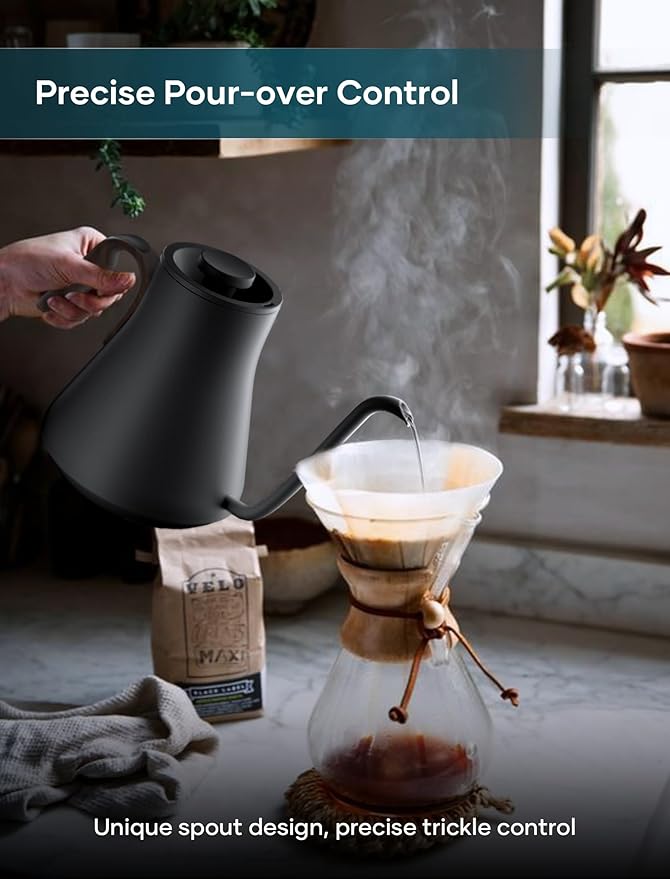 Electric Kettle, Gooseneck Electric Kettle, ±1℉ Precise Temperature Control, Stainless Steel Interior, Quick Heating for Pour Over Coffee, Tea & Boiling Water, 0.9L (Matte Black & Wood)