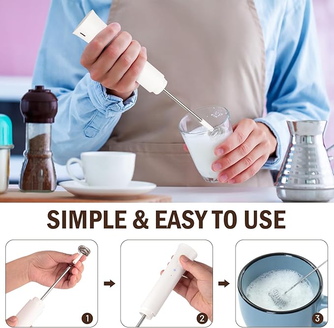 Milk Frother Wand for Coffee, Silent Coffee Foamer Drink Mixer,Handheld Frother Rechargeable Electric Whisk with 2 Heads 3 Speeds for Latte, Cappuccino, Hot Chocolate, Egg(Home and Travel Set White)