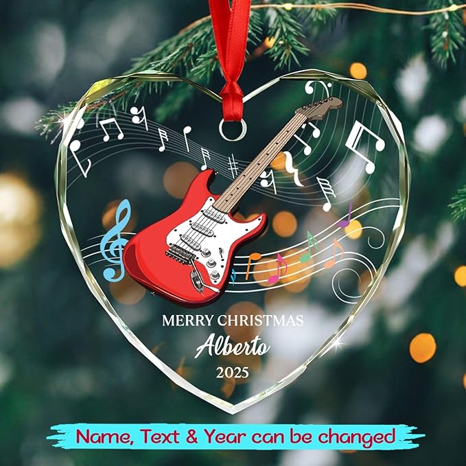 Customized Year Text Name Guitar Bass Lover Glass Ornament, Personalized Guitar Bass Christmas Ornaments Gift for Friends Coworker Besties Daughter Son, Novelty Instrument Glass Christmas Ornament