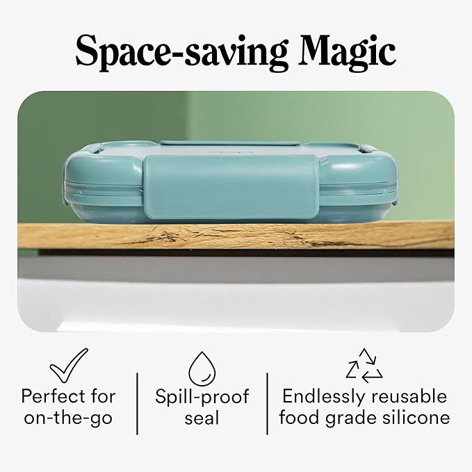 STOJO Collapsible Bento Box, Reusable, Leak-Proof, Microwave & Dishwasher Safe, Premium Lunch Container with Divider – Space-Saving, Transparent Design (Eucalyptus, 2.75-Cup/650mL)