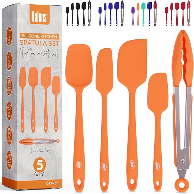 Kaluns Silicone Spatula Set, 4 Rubber Spatulas 600°F Heat Resistant, Nonstick Seamless Design with Stainless Steel Core, Dishwasher Safe, BPA free, Bonus Tongs Included