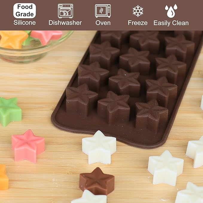 Small Star Chocolate Molds Silicone, Food Grade Silicone Candy Molds for Bite Size Gummy/Jelly/Fruit Snacks, 15 Cavities Mini Star Mold for Soap/Candle/Wax Melt, 2 Pcs